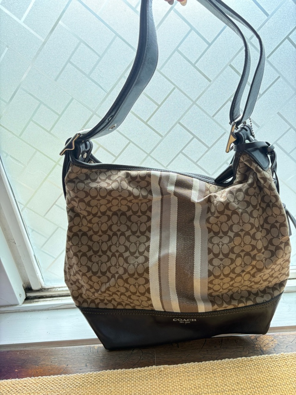 Coach Brown Signature Legacy Stripe Duffle Bucket